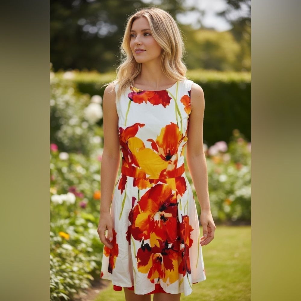 Studio One New York Floral knee length sleeveless dress white orange flowers